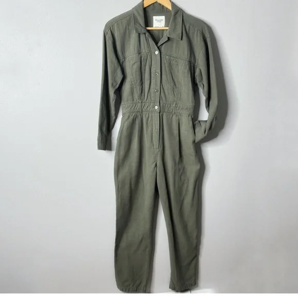 Abercrombie & Fitch Petite Utility Jumpsuit Military Green Cotton Long Sleeve - Picture 2 of 16